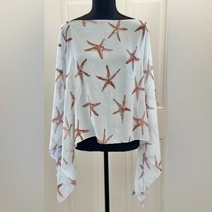 SAX Cropped Topper in Misty Blue with Brown Starfish, One Size